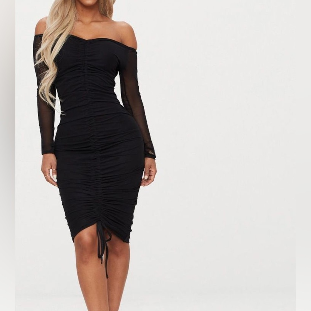 PrettyLittleThing off-shoulder mesh sleeve ruched midi dress